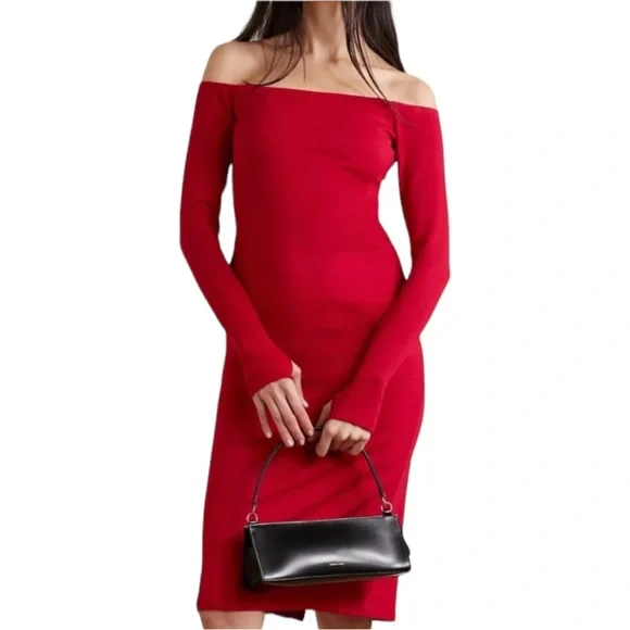 NWOT ALICE + OLIVIA Dorinda Off The Shoulder Fitted Midi Dress. Size 6 - Picture 2 of 11